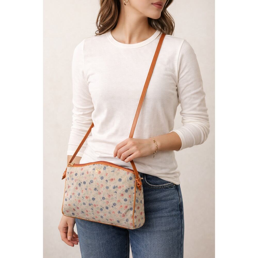 Valentino Garavani Vintage Floral Canvas Crossbody Bag Leather Trim Italy